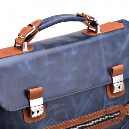 Кожаный портфель "Сталкер" (синий антик с рыжим)