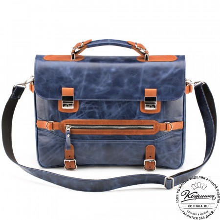 Кожаный портфель "Сталкер" (синий антик с рыжим)