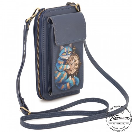 Кожаный клатч "Чукотка" "Чешир с часами" (синий)