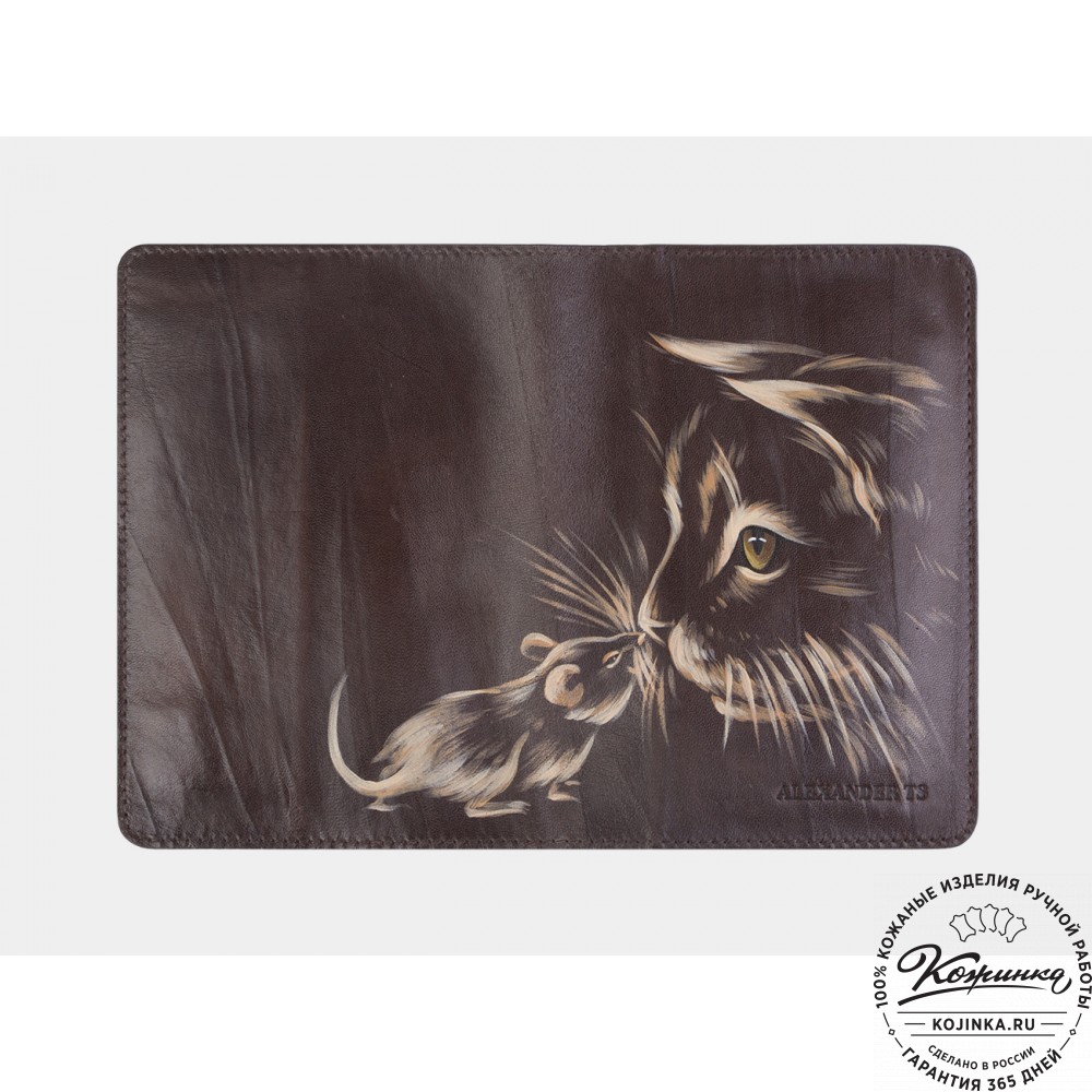 Кожаная обложка на паспорт "Знакомство" (коричневая)