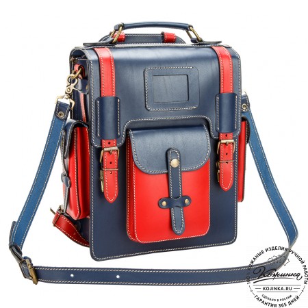 Кожаный ранец-портфель "Джон" (синий с красным)