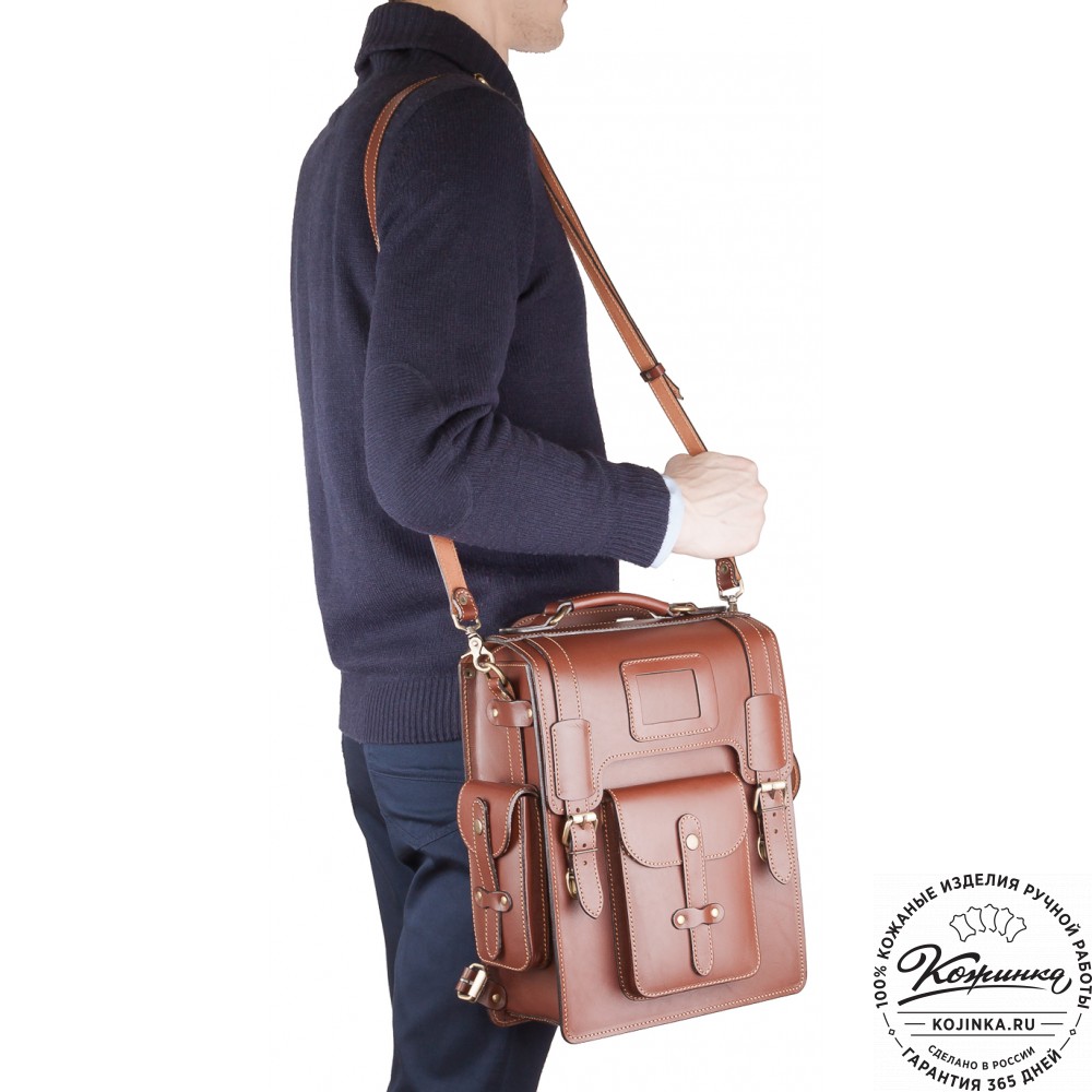 Кожаный ранец-портфель "Джон" (синий с красным)