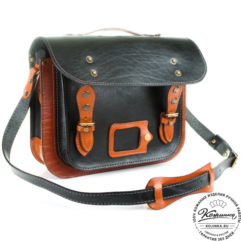 Кожаный портфель "Сатчел"  (чёрный с рыжим)