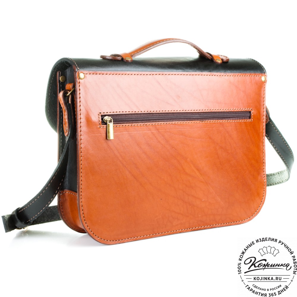 Кожаный портфель "Сатчел"  (чёрный с рыжим)