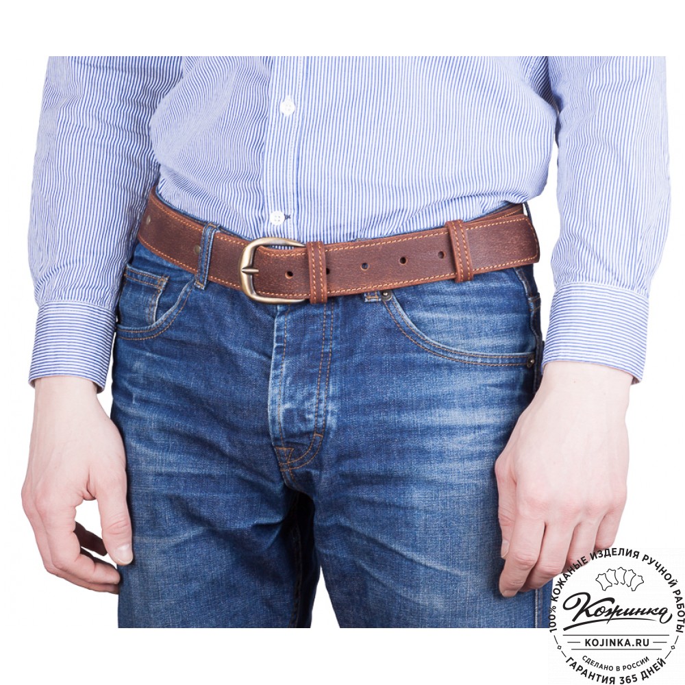  Кожаный мужской ремень Анри Нью (коричневый с пистонами)